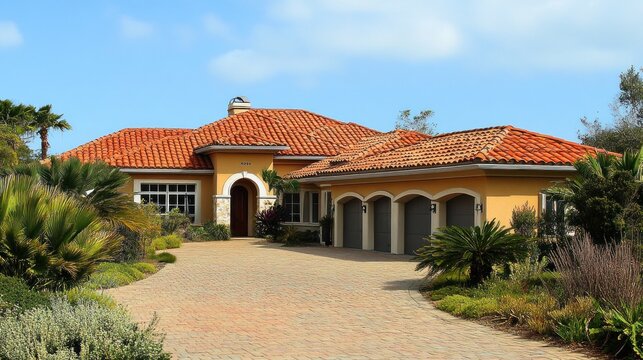 A Mediterranean-style home with a terracotta tile roof and a brick driveway