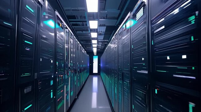 The camera focuses on a server rack with its flashy lights and hightech SSDs symbolizing the innovative and dynamic nature of advanced cloud computing and machine learning in