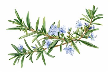 A botanical illustration of a rosemary plant, highlighting its needle-like leaves and small, blue flowers.