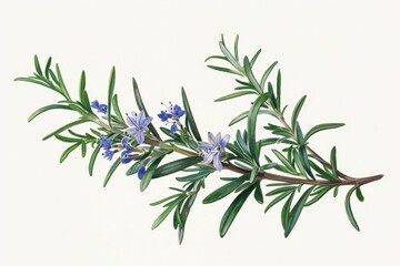 Obraz premium A botanical illustration of a rosemary plant, highlighting its needle-like leaves and small, blue flowers.