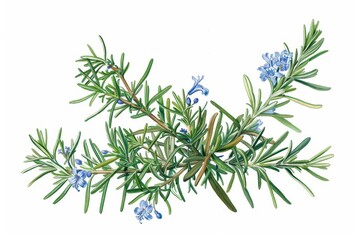 Fototapeta premium A botanical illustration of a rosemary plant, highlighting its needle-like leaves and small, blue flowers.