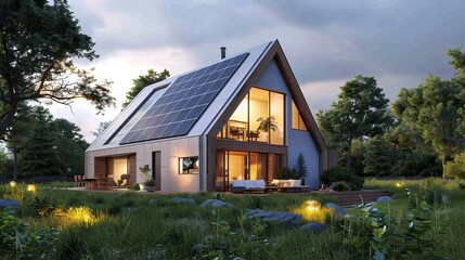 Modern Eco-Friendly House with Solar Roof in Scenic Nature