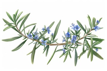 A botanical illustration of a rosemary plant, highlighting its needle-like leaves and small, blue flowers.