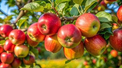 Obraz premium Close-up of ripe cider apples on a tree branch, showcasing a vibrant and inviting mood in a natural setting.