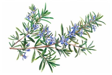 Obraz premium A botanical illustration of a rosemary plant, highlighting its needle-like leaves and small, blue flowers.