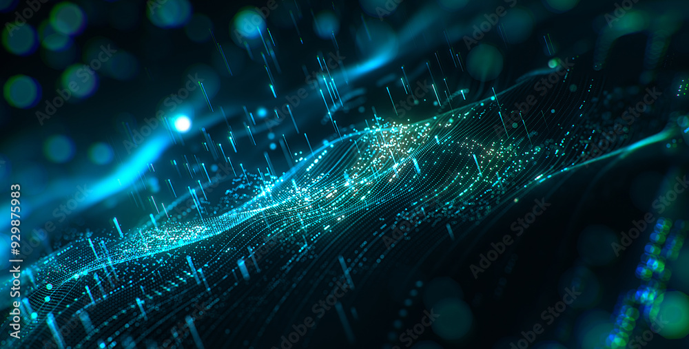 Poster abstract digital data wave with glowing particles and dynamic lines on a dark background, concept of