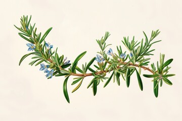 Fototapeta premium A botanical illustration of a rosemary plant, highlighting its needle-like leaves and small, blue flowers.