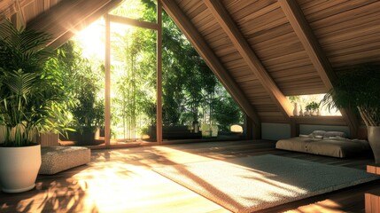 Obraz premium Sunbeams illuminate a wooden cabin with a large window overlooking a lush green forest. The room is furnished with a low bed, a rug, and a potted plant.