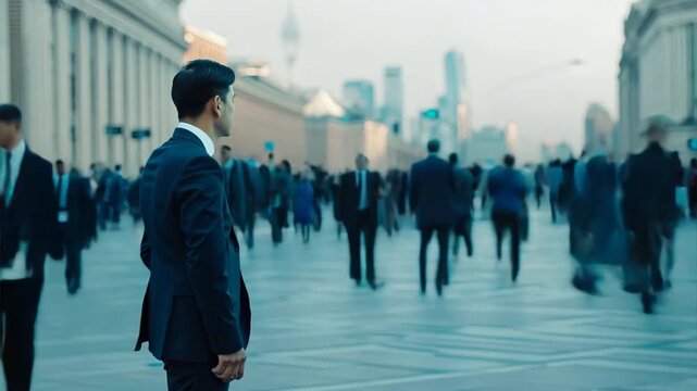The image shows a busy urban scene with a crowd of people, including businessmen and women, walking briskly on a city street The silhouette of office buildings frames the background, emphasizing the m