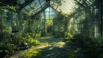 Overgrown Abandoned Greenhouse Filled with Sunlight and Wild Plants