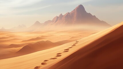 Fototapeta premium A desert landscape with a mountain range in the background. The foreground consists of a sand dune with footprints leading up to the top, hazy sky