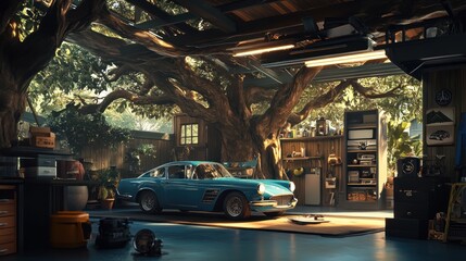 A classic car sits in a garage with a large tree growing through the roof.