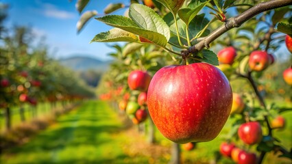 Obraz premium Fresh cider apple in an orchard, radiating a crisp and inviting mood, surrounded by lush greenery.