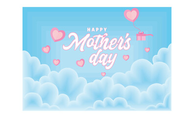 Mother's day with flying paper elements and gift boxes. Heart shaped love symbol on blue sky background. Flat vector illustration.