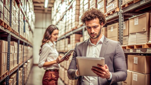 Warehouse Efficiency: Two professionals, a man and a woman, collaborate on inventory management using tablets in a bustling warehouse setting. The image exudes a sense of organization, focus, and tech