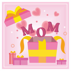 Gift box with heart shaped balloons. Celebrate happy mother's day. Flat vector illustration.