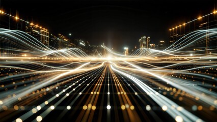 Fototapeta premium The Digital Harvest: Sunset bathes an orchard in warm light, overlaid with data visualizations, illustrating the fusion of agriculture and technology. 