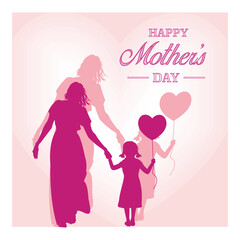 Silhouette of a mother holding her daughter's hand. Little girl holding a heart shaped balloon. Flat vector illustration.
