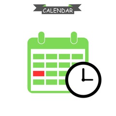 Calendar with clock icon on white background.