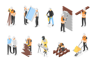 Isometric builders. Construction workers painting wall carry window, measure space, do bricks laying and welding pipe, flawless vector set