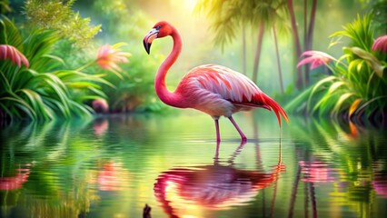 Fototapeta premium Vibrant pink flamingo stands amidst lush greenery reflected in rippling water, surrounded by soft watercolor brushstrokes and gentle, feathery textures in a whimsical setting.