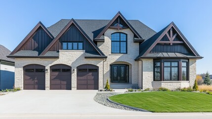 A modern, stone-faced home with a three-car garage and a manicured lawn.