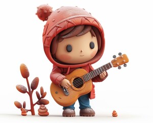Cute boy with red hoodie playing a guitar full bod  147 child, boy, guitar, cartoon, kid, music, toy, smile, baby, vector, people, kids, character, illustration, playing, smiling, doll, play, child