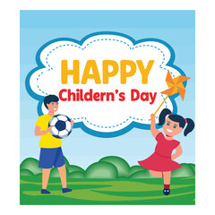 Happy Children's Day with boy and girl playing with toys on background. flat vector modern illustration
