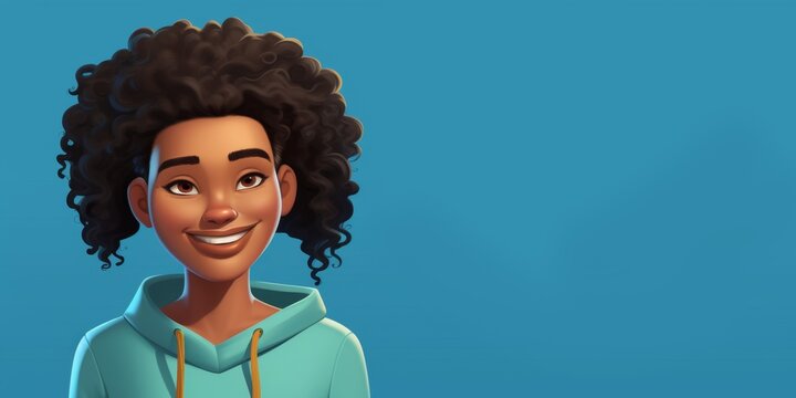 Cheerful 3D African Cartoon Boy: Smiling Curly-Haired Young Teen on Vibrant Blue Background. Adorable Character Design for UI, Web Marketing, and High-Resolution Wallpapers. Cute and Fun Representatio