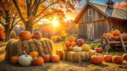 Autumn's Golden Embrace: Pumpkins and hay bales bask in the warm glow of sunset on a picturesque farm, embodying the rustic charm of the fall season. 