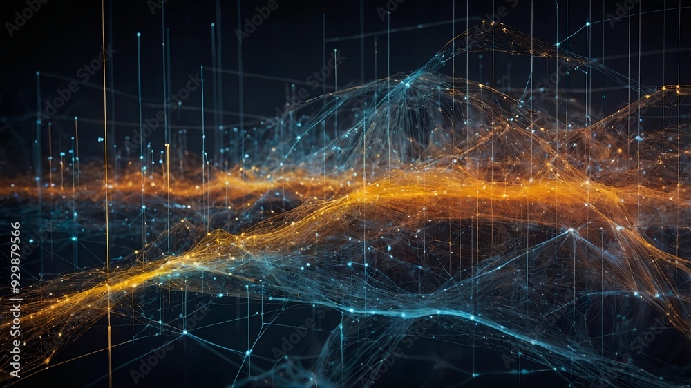Poster global network: abstract digital landscape with glowing nodes and interconnected lines, symbolizing 