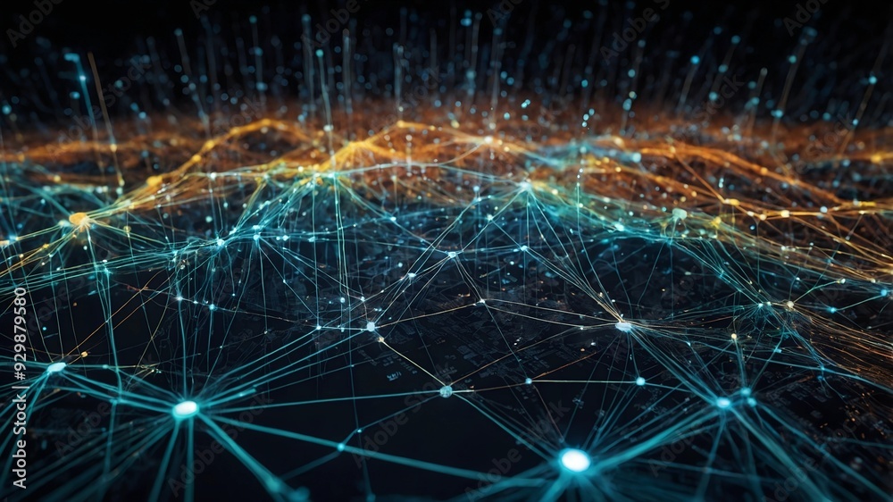 Poster global network: abstract digital landscape with glowing nodes and interconnected lines, symbolizing 