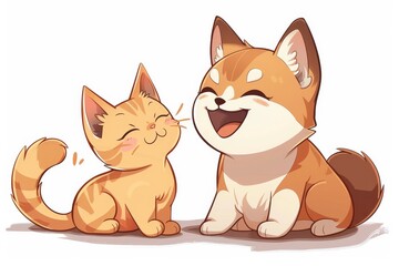 Fototapeta premium Happy golden shiba playing with ginger cat chibi a 236 cat, cartoon, animal, kitten, pet, vector, cute, illustration, feline, pets, drawing, domestic, art, funny, kitty, fur, fun, character, animals,