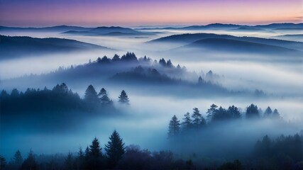 Fototapeta premium Mystical Mountain Dawn: Layers of mist dance through a valley of rolling hills, bathed in the soft hues of sunrise. 