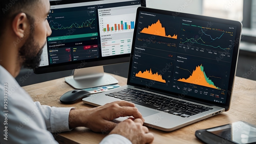 Poster the data analyst: a focused man sits at a desk in a dimly lit control room, scrutinizing data displa