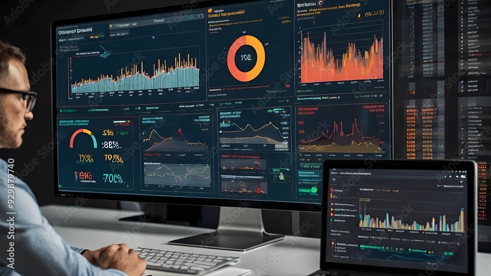 Poster the data analyst: a focused man sits at a desk in a dimly lit control room, scrutinizing data displa