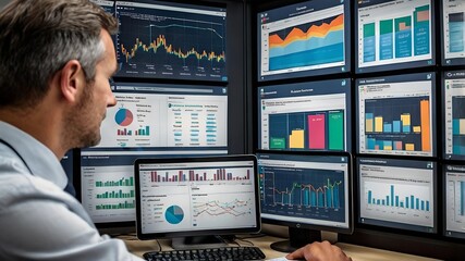 The Data Analyst: A focused man sits at a desk in a dimly lit control room, scrutinizing data displayed on an array of screens, showcasing the intensity and dedication of a data-driven profession.