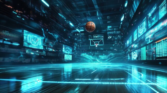 A futuristic basketball court with a floating ball and digital displays.