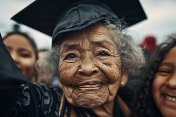 A touching photograph of an elderly woman with deep wrinkles and curly hair, wearing a graduation cap and gown, smiling proudly, symbolizing achievement and lifelong learning.