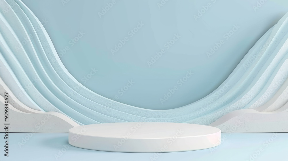 Poster a minimalistic podium is set against a pastel blue backdrop with wavy lines, creating an elegant spa
