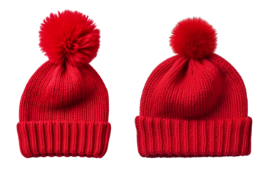 Two stylish red beanies with pom-poms, perfect for winter fashion and cozy warmth.