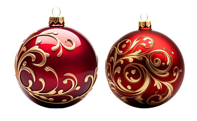 Elegant red Christmas ornaments with intricate gold designs, perfect for festive decorations and holiday celebrations.