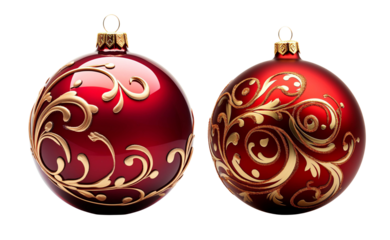 Elegant red Christmas ornaments with intricate gold designs, perfect for festive decorations and holiday celebrations.