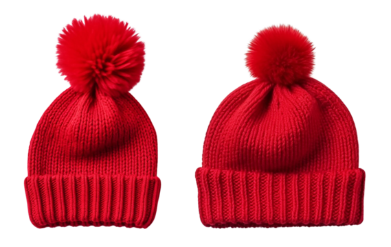 Two stylish red beanies with pom-poms, perfect for winter fashion and cozy warmth.