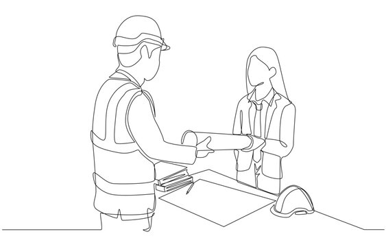 recommend clip art: Continuous one line drawing of foreman builder receiving construction blueprint from female engineer, civil engineer and construction work concept, single line art.