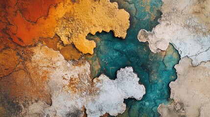 Aerial view of a rough abstract surface with bold colors and visible texture variations, top view