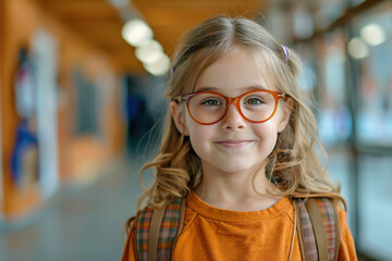 Elementary school girl with glasses stands in the school corridor. Generated by artificial intelligence