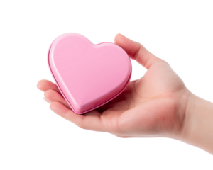 A hand holding a pink heart-shaped box, symbolizing love and care. Perfect for romantic themes and gift occasions.