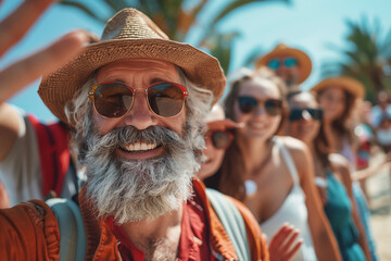happy senior man in a straw hat and sunglasses, surrounded by friends at the beach. ideal for promoting senior travel, active retirement and leisure activities,