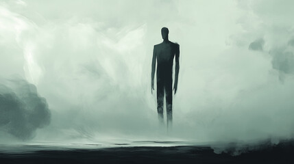 Fototapeta premium silhouette of mysterious giant alien human like monster creature standing in smoke 